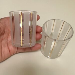 Two Mid Century Glass Candle Holders Tea Light Frosted and Gold Stripes